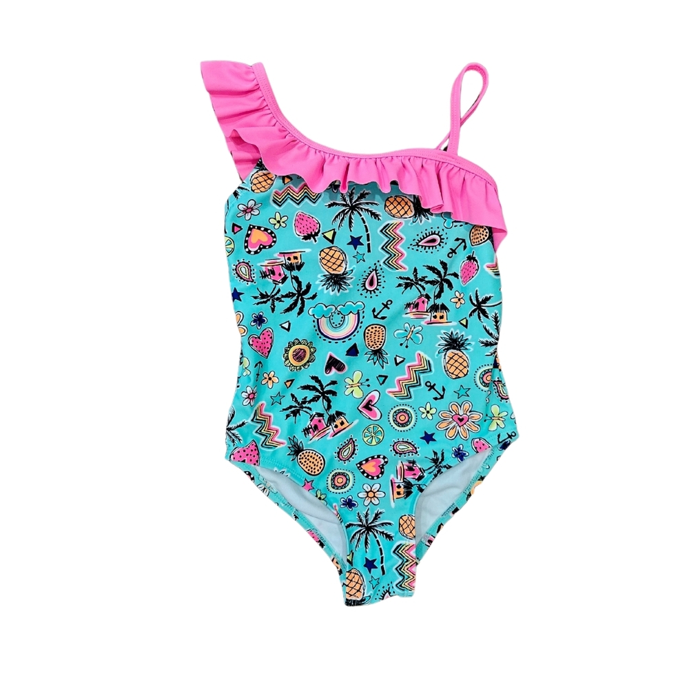 Toddler One Piece Swimsuit Allover Summer Print and Ruffle Shoulder Size 5